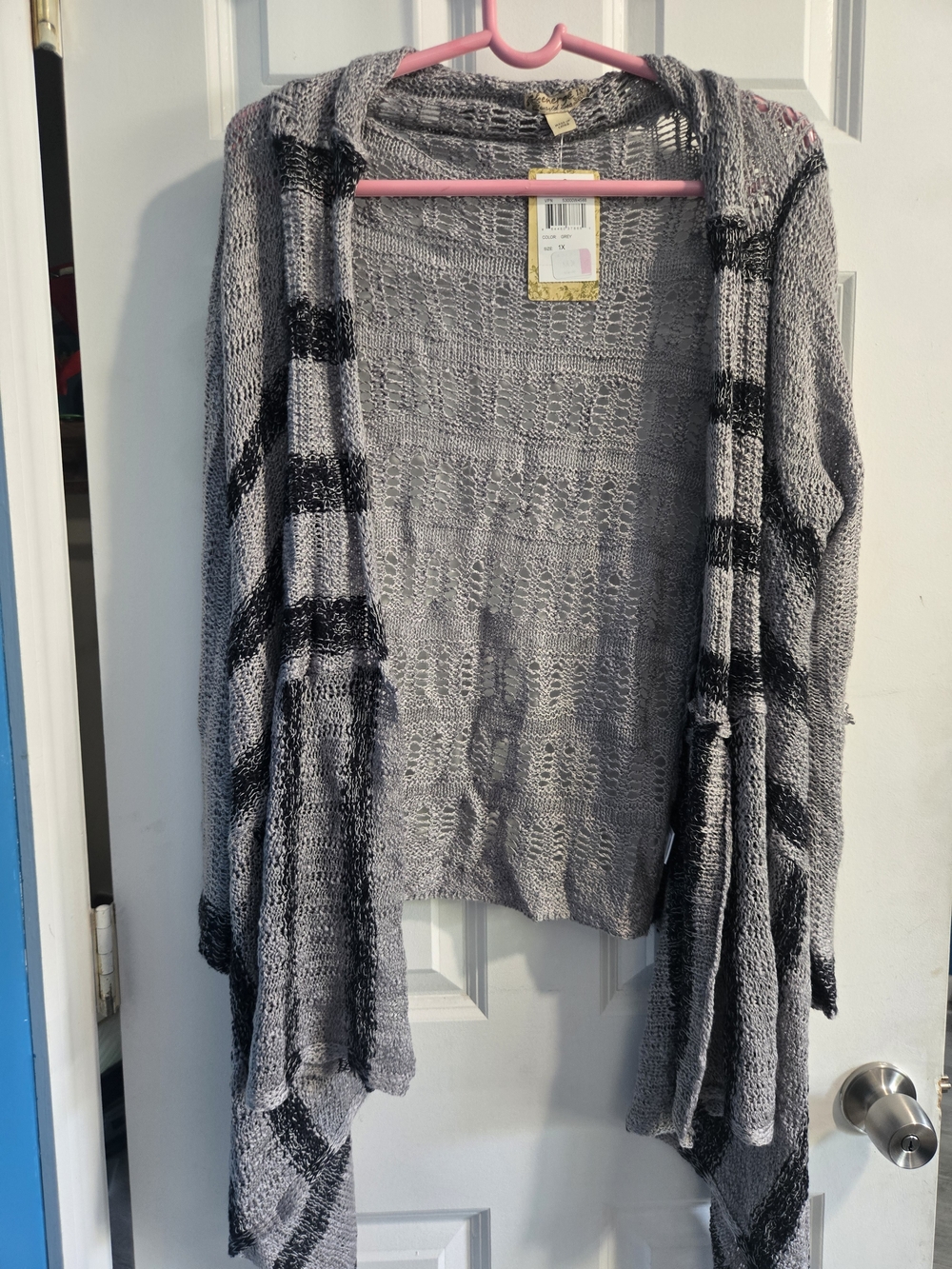 Open-Front Gray Hooded Knit Cardigan with Black Stripe Detail